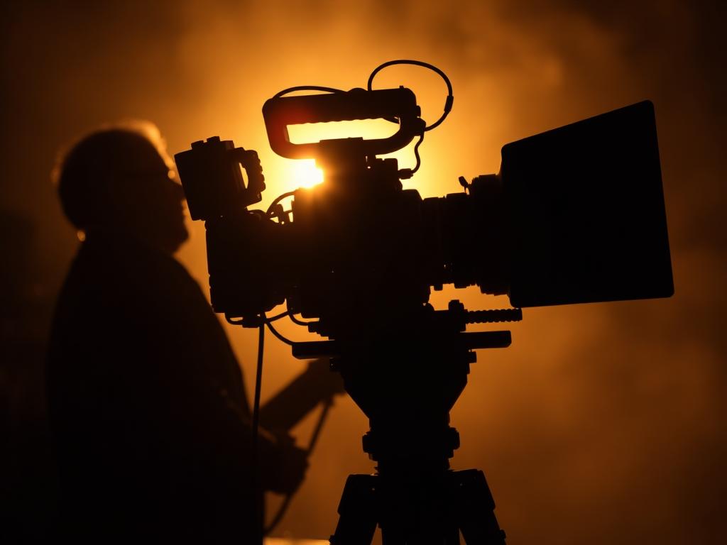 Cinema camera operator silhouetted against golden light on set