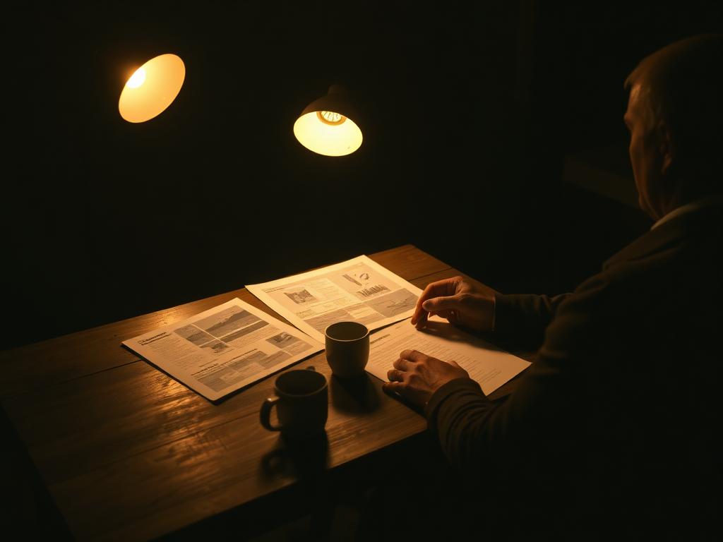 Director reviewing storyboards under a warm lamp
