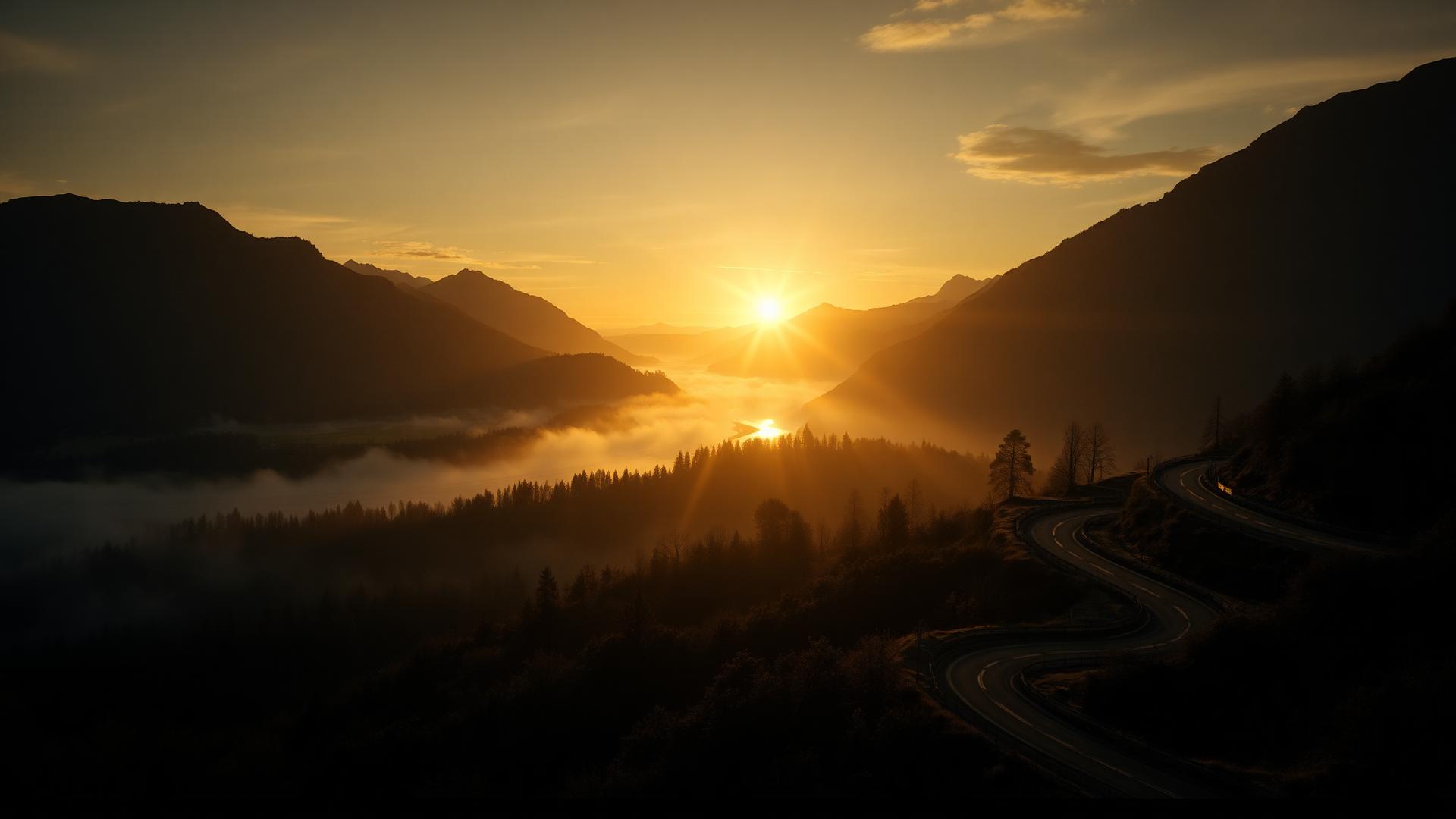 Sunrise breaking over a misty river valley with a winding mountain road